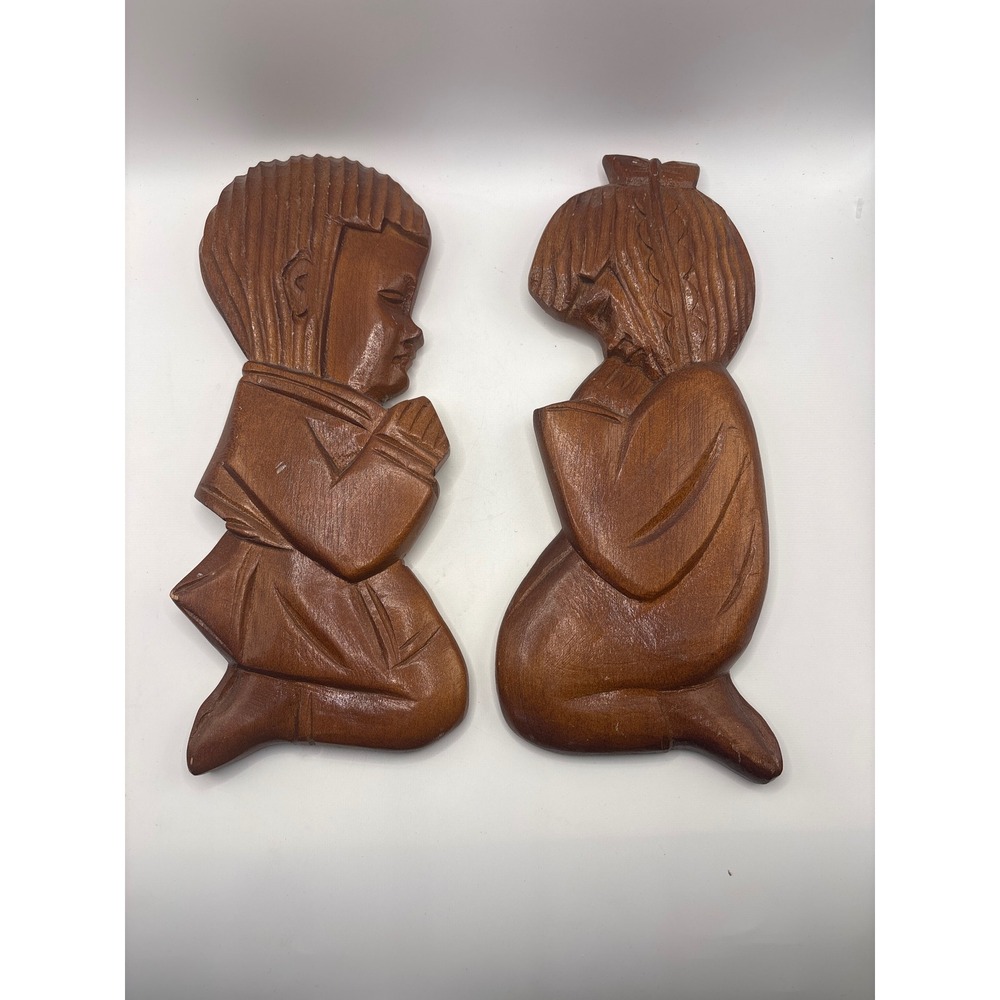 Vintage Hand Carved Wood Praying Boy and Girl Wall Plaques Set Mid Century Decor